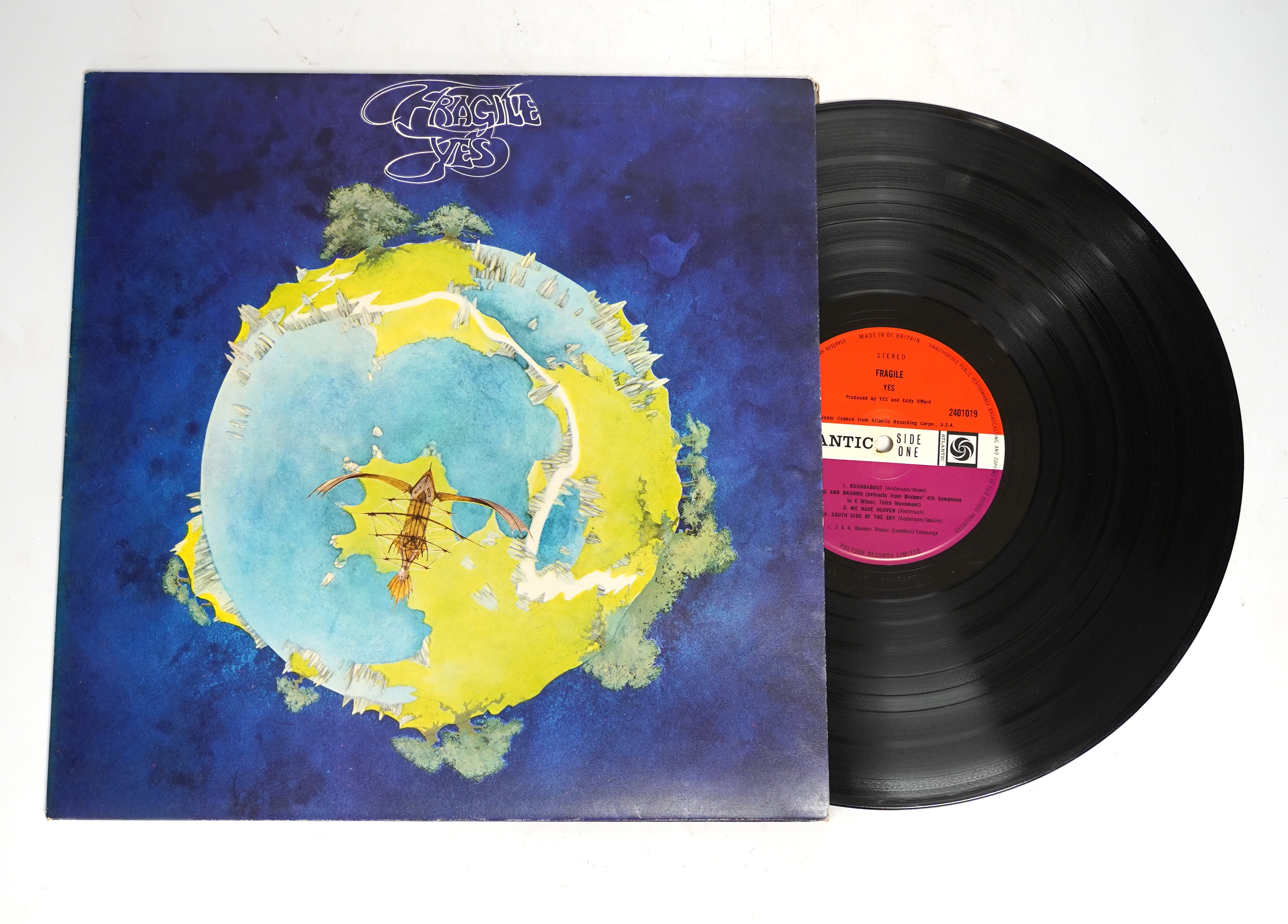 Yes; Fragile LP record album, on Atlantic red and plum 2401019, gratefold cover with inner booklet